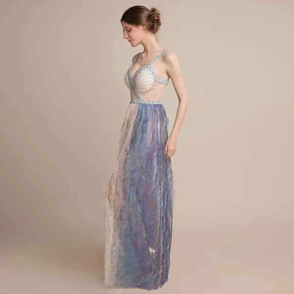 Sexy Champagne Dégradé De Couleur Bleu Ciel Transparentes Robe De Soirée 2018 Gaine / Ajustement épaules Sans Manches Paillettes Perlage Longue Volants Dos Nu Robe De Ceremonie