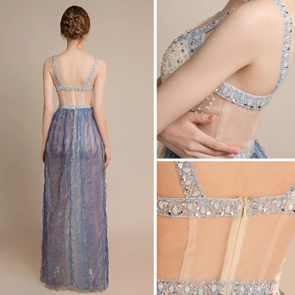 Sexy Champagne Dégradé De Couleur Bleu Ciel Transparentes Robe De Soirée 2018 Gaine / Ajustement épaules Sans Manches Paillettes Perlage Longue Volants Dos Nu Robe De Ceremonie