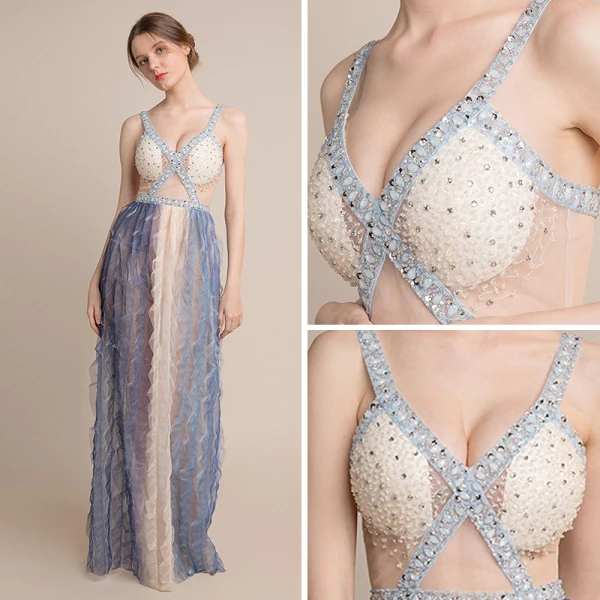 Sexy Champagne Dégradé De Couleur Bleu Ciel Transparentes Robe De Soirée 2018 Gaine / Ajustement épaules Sans Manches Paillettes Perlage Longue Volants Dos Nu Robe De Ceremonie