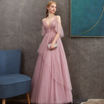 Chic Beautiful Candy Pink Evening Dresses 2020 A Line Princess Spaghetti Straps Deep V Neck Short Sleeve Glitter Tulle Beading Floor Length Long Ruffle Backless Formal Dresses
