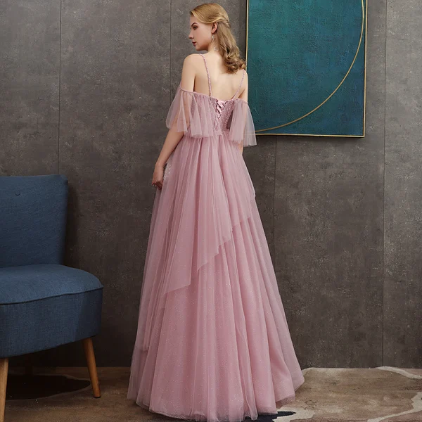 Flotte Rosa Selskabskjoler 2020 Prinsesse Spaghetti Straps Dyb v-hals Kort Ærme Glitter Tulle Beading Lange Flæse Halterneck Kjoler