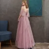 Chic / Beautiful Candy Pink Evening Dresses  2020 A-Line / Princess Spaghetti Straps Deep V-Neck Short Sleeve Glitter Tulle Beading Floor-Length / Long Ruffle Backless Formal Dresses