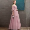 Chic / Beautiful Candy Pink Evening Dresses  2020 A-Line / Princess Spaghetti Straps Deep V-Neck Short Sleeve Glitter Tulle Beading Floor-Length / Long Ruffle Backless Formal Dresses