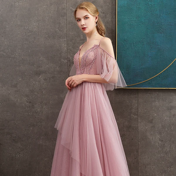 Flotte Rosa Selskabskjoler 2020 Prinsesse Spaghetti Straps Dyb v-hals Kort Ærme Glitter Tulle Beading Lange Flæse Halterneck Kjoler