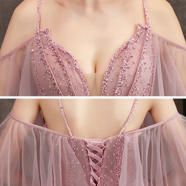 Flotte Rosa Selskabskjoler 2020 Prinsesse Spaghetti Straps Dyb v-hals Kort Ærme Glitter Tulle Beading Lange Flæse Halterneck Kjoler