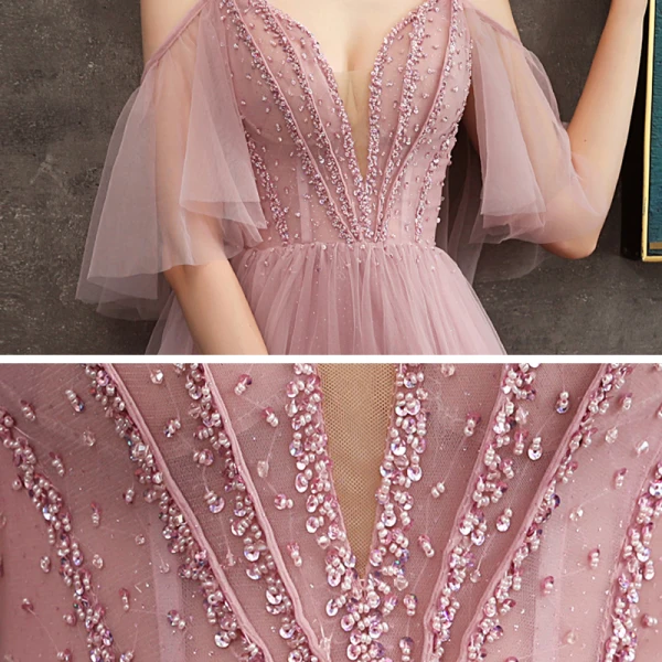 Flotte Rosa Selskabskjoler 2020 Prinsesse Spaghetti Straps Dyb v-hals Kort Ærme Glitter Tulle Beading Lange Flæse Halterneck Kjoler