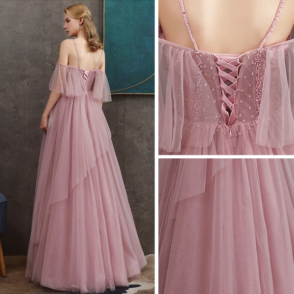 Flotte Rosa Selskabskjoler 2020 Prinsesse Spaghetti Straps Dyb v-hals Kort Ærme Glitter Tulle Beading Lange Flæse Halterneck Kjoler