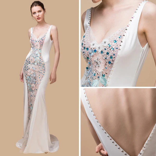 Sexy Ivoire Transparentes Robe De Soirée 2018 Trompette / Sirène épaules Sans Manches Paillettes Faux Diamant Perlage Tribunal Train Volants Dos Nu Robe De Ceremonie