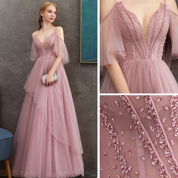 Flotte Rosa Selskabskjoler 2020 Prinsesse Spaghetti Straps Dyb v-hals Kort Ærme Glitter Tulle Beading Lange Flæse Halterneck Kjoler