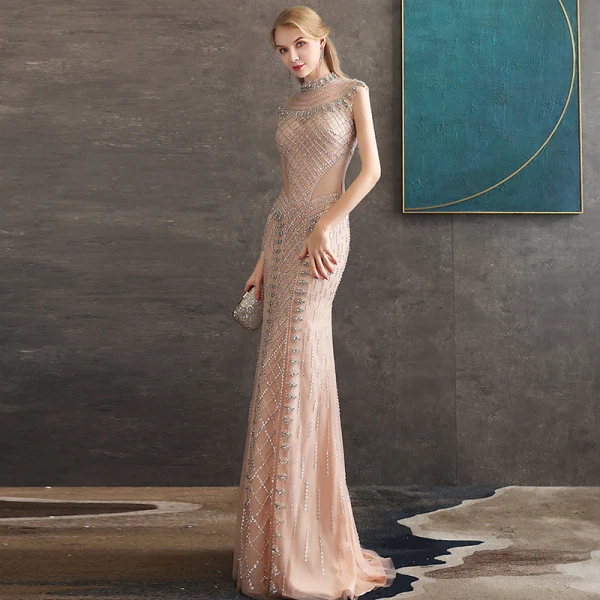 High-end Champagne See-through Evening Dresses  2020 Trumpet / Mermaid High Neck Sleeveless Beading Floor-Length / Long Formal Dresses
