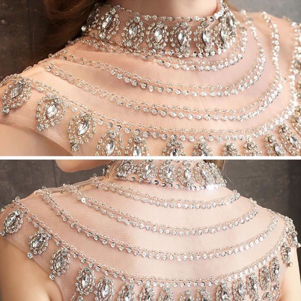 High-end Champagne See-through Evening Dresses  2020 Trumpet / Mermaid High Neck Sleeveless Beading Floor-Length / Long Formal Dresses