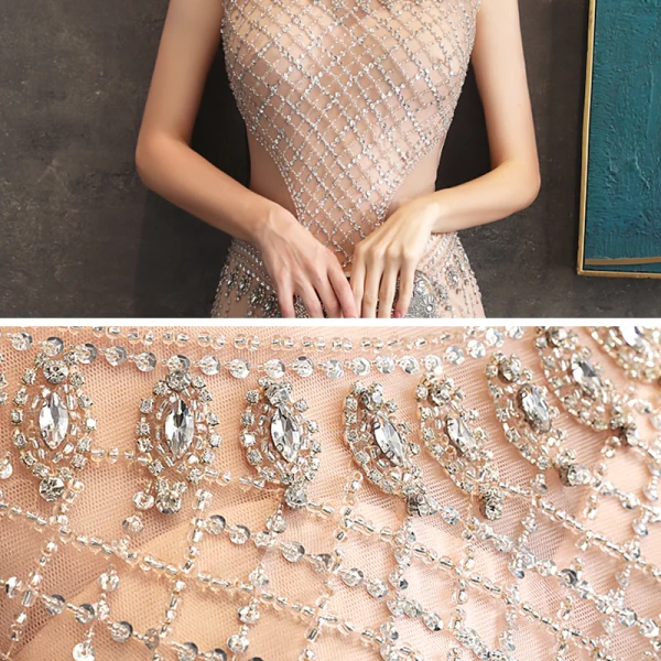 High-end Champagne See-through Evening Dresses  2020 Trumpet / Mermaid High Neck Sleeveless Beading Floor-Length / Long Formal Dresses