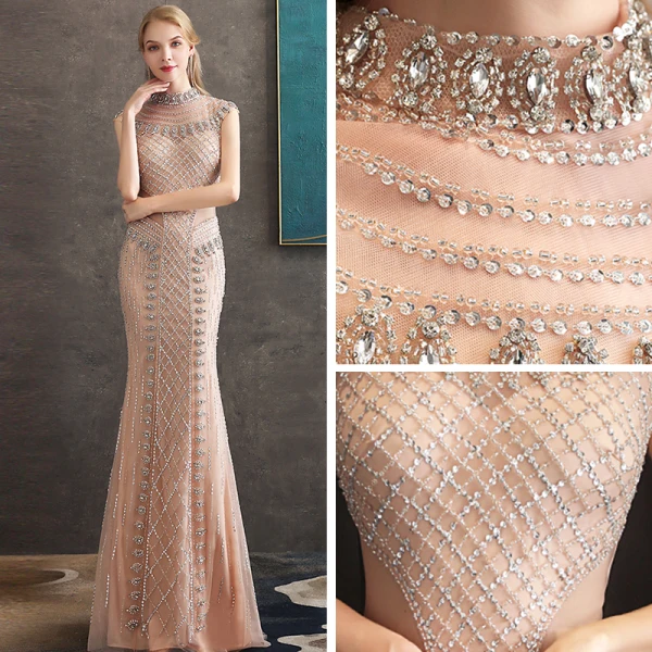 High-end Champagne See-through Evening Dresses  2020 Trumpet / Mermaid High Neck Sleeveless Beading Floor-Length / Long Formal Dresses