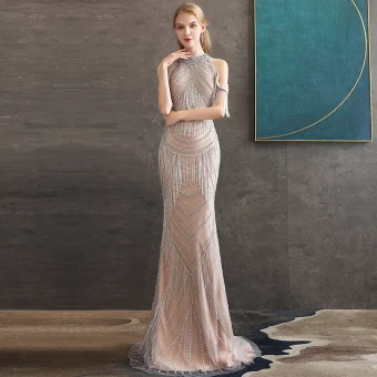 Sexy Dégradé De Couleur Robe De Soirée 2018 Princesse Titulaire Sans Manches Perlage Longue Volants Dos Nu Robe De Ceremonie
