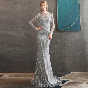 High End Grey See Through Evening Dresses 2020 Trumpet Mermaid Scoop Neck Long Sleeve Sequins Beading Sweep Train Formal Dresses
