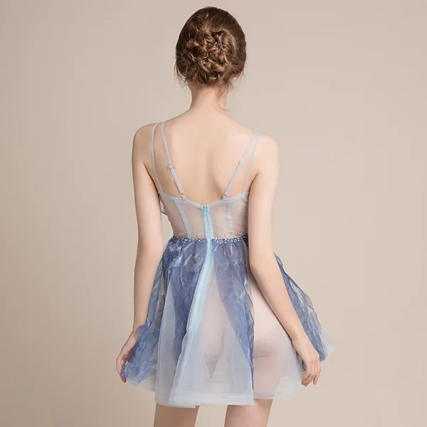 Sexy Champagne Dégradé De Couleur Bleu Ciel Transparentes Robe De Fete 2018 Princesse Sans Manches Bretelles Spaghetti Faux Diamant Courte Volants Dos Nu Robe De Ceremonie