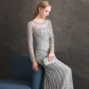 High-end Grey See-through Evening Dresses  2020 Trumpet / Mermaid Scoop Neck Long Sleeve Sequins Beading Sweep Train Formal Dresses