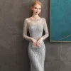 High-end Grey See-through Evening Dresses  2020 Trumpet / Mermaid Scoop Neck Long Sleeve Sequins Beading Sweep Train Formal Dresses