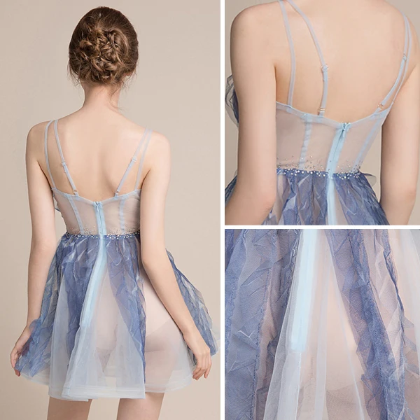 Sexy Champagne Dégradé De Couleur Bleu Ciel Transparentes Robe De Fete 2018 Princesse Sans Manches Bretelles Spaghetti Faux Diamant Courte Volants Dos Nu Robe De Ceremonie
