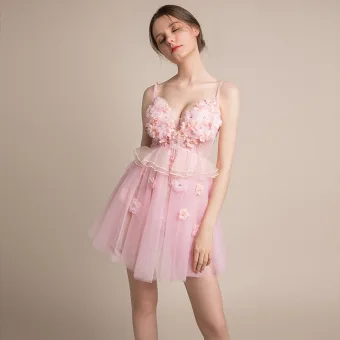 Sexy Rougissant Rose Transparentes Robe De Fete 2018 Princesse Sans Manches Bretelles Spaghetti Appliques Fleur Faux Diamant Perlage Gland Courte Volants Dos Nu Robe De Ceremonie