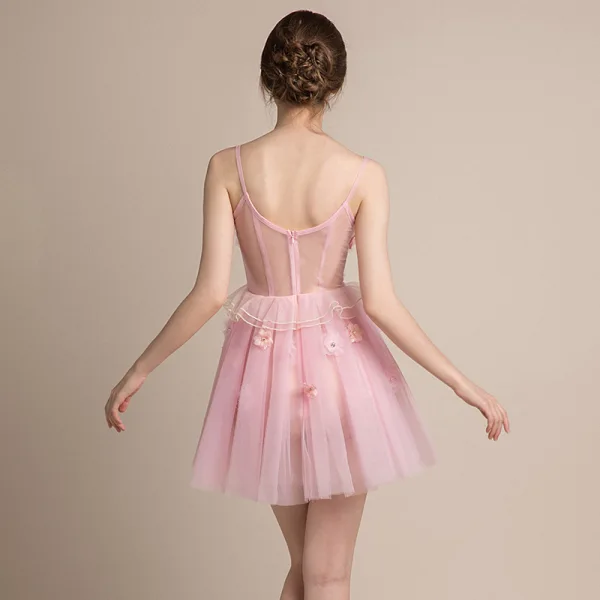 Sexy Rougissant Rose Transparentes Robe De Fete 2018 Princesse Sans Manches Bretelles Spaghetti Appliques Fleur Faux Diamant Perlage Gland Courte Volants Dos Nu Robe De Ceremonie