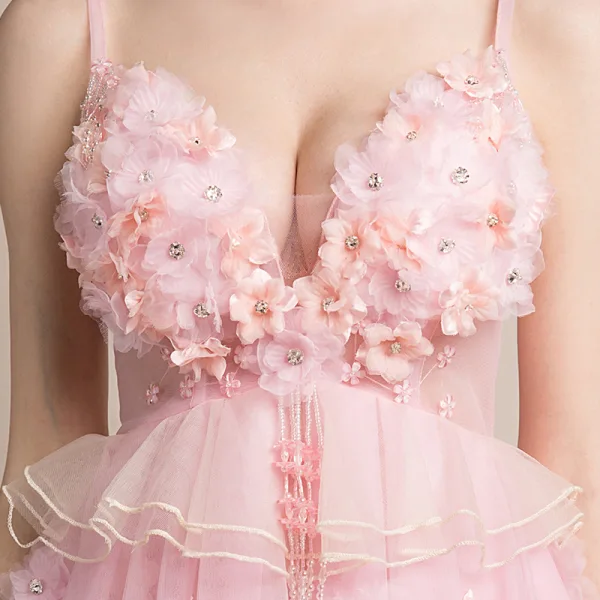 Sexy Rougissant Rose Transparentes Robe De Fete 2018 Princesse Sans Manches Bretelles Spaghetti Appliques Fleur Faux Diamant Perlage Gland Courte Volants Dos Nu Robe De Ceremonie