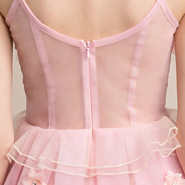 Sexy Rougissant Rose Transparentes Robe De Fete 2018 Princesse Sans Manches Bretelles Spaghetti Appliques Fleur Faux Diamant Perlage Gland Courte Volants Dos Nu Robe De Ceremonie