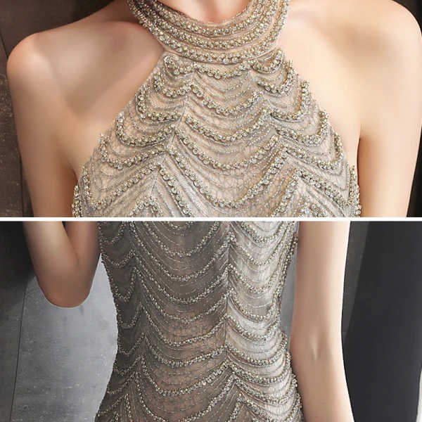 Haut de Gamme Gris Robe De Soirée 2020 Trompette / Sirène Titulaire Sans Manches Perlage Longue Volants Dos Nu Robe De Ceremonie
