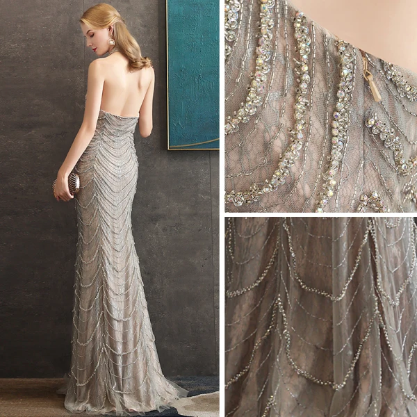 Haut de Gamme Gris Robe De Soirée 2020 Trompette / Sirène Titulaire Sans Manches Perlage Longue Volants Dos Nu Robe De Ceremonie