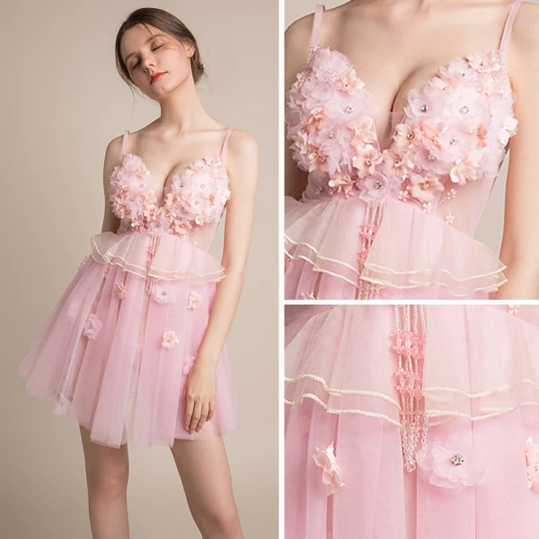 Sexy Rougissant Rose Transparentes Robe De Fete 2018 Princesse Sans Manches Bretelles Spaghetti Appliques Fleur Faux Diamant Perlage Gland Courte Volants Dos Nu Robe De Ceremonie