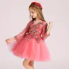 Chic / Beautiful Watermelon Flower Girl Dresses 2017 Ball Gown V-Neck Long Sleeve Appliques Lace Pearl Rhinestone Short Ruffle Wedding Party Dresses