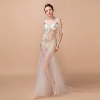 Sexy Sage Green See Through Evening Dresses 2018 Trumpet Mermaid Shoulders Sleeveless Beading Tassel Sweep Train Ruffle Backless Formal Dresses