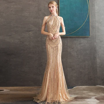 Haut De Gamme Doré Robe De Soirée 2020 Trompette Sirène Encolure Dégagée Sans Manches Perlage Longue Robe De Ceremonie
