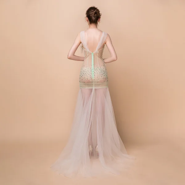 Sexy Vert Cendré Transparentes Robe De Soirée 2018 Trompette / Sirène épaules Sans Manches Perlage Gland Train De Balayage Volants Dos Nu Robe De Ceremonie