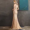 High-end Gold Evening Dresses  2020 Trumpet / Mermaid Scoop Neck Sleeveless Beading Floor-Length / Long Formal Dresses