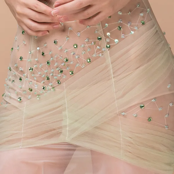 Sexy Vert Cendré Transparentes Robe De Soirée 2018 Trompette / Sirène épaules Sans Manches Perlage Gland Train De Balayage Volants Dos Nu Robe De Ceremonie