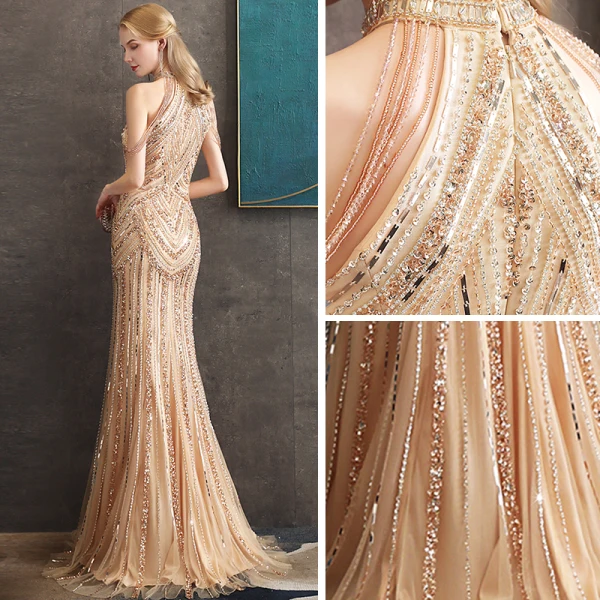 High-end Gold Evening Dresses  2020 Trumpet / Mermaid Scoop Neck Sleeveless Beading Floor-Length / Long Formal Dresses