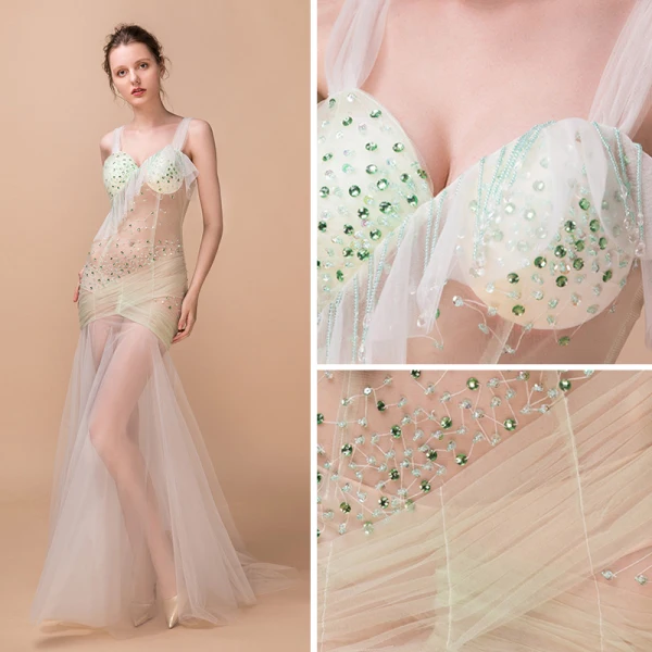 Sexy Vert Cendré Transparentes Robe De Soirée 2018 Trompette / Sirène épaules Sans Manches Perlage Gland Train De Balayage Volants Dos Nu Robe De Ceremonie