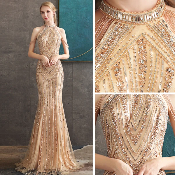High-end Gold Evening Dresses  2020 Trumpet / Mermaid Scoop Neck Sleeveless Beading Floor-Length / Long Formal Dresses