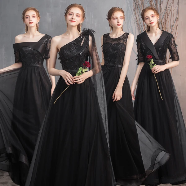 Affordable Black Bridesmaid Dresses 2020 A-Line / Princess Appliques Lace  Sash Floor-Length / Long Ruffle Wedding