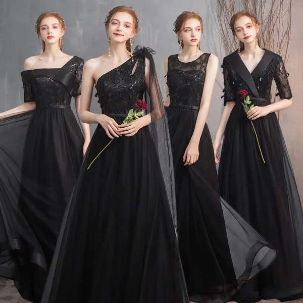 Affordable Black Bridesmaid Dresses 2020 A-Line / Princess Appliques Lace Sash Floor-Length / Long Ruffle Wedding Party Dresses