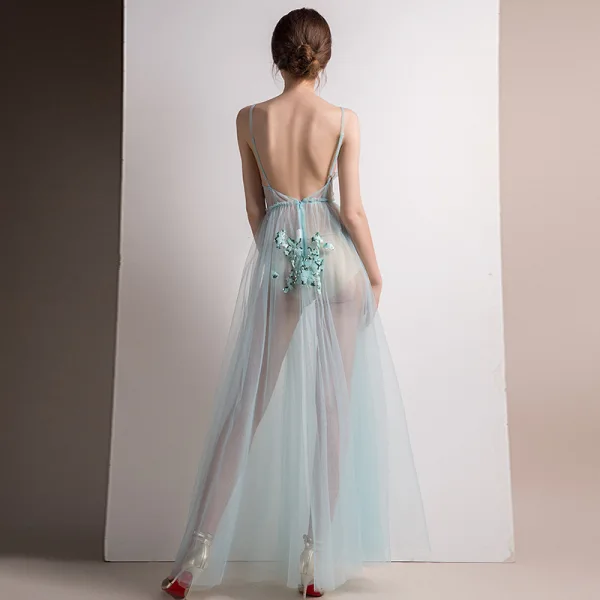Sexy Blau Durchsichtige Abendkleider 2018 A Linie Ärmellos Spaghettiträger Applikationen Pailletten Strass Lange Rüschen Rückenfreies Festliche Kleider