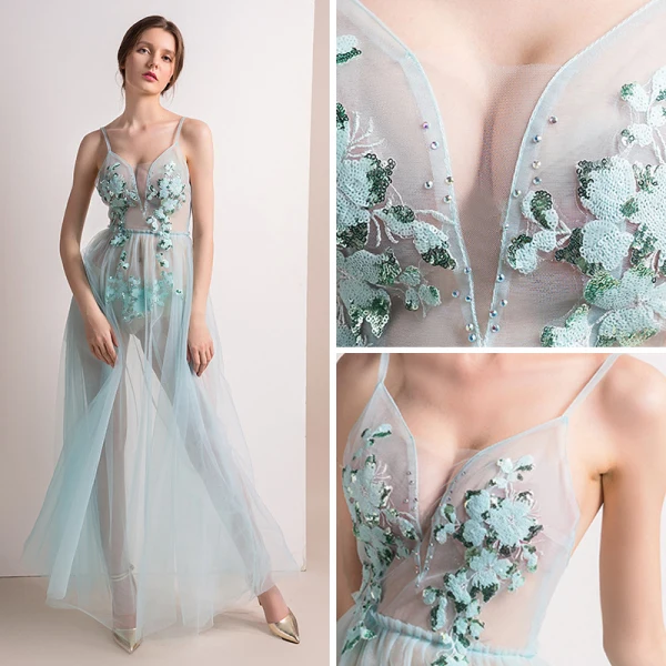 Sexy Blau Durchsichtige Abendkleider 2018 A Linie Ärmellos Spaghettiträger Applikationen Pailletten Strass Lange Rüschen Rückenfreies Festliche Kleider