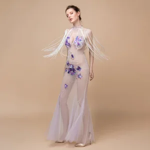 Sexy Ivory See Through Evening Dresses 2018 Trumpet Mermaid High Neck Sleeveless Butterfly Appliques Lace Beading Tassel Floor Length Long Ruffle Backless Formal Dresses