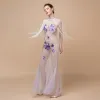 Sexy Ivory See-through Evening Dresses  2018 Trumpet / Mermaid High Neck Sleeveless Butterfly Appliques Lace Beading Tassel Floor-Length / Long Ruffle Backless Formal Dresses
