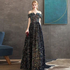 Sparkly Multi Colors Sequins Royal Blue Evening Dresses 2020 A Line Princess Off The Shoulder Short Sleeve Floor Length Long Backless Formal Dresses