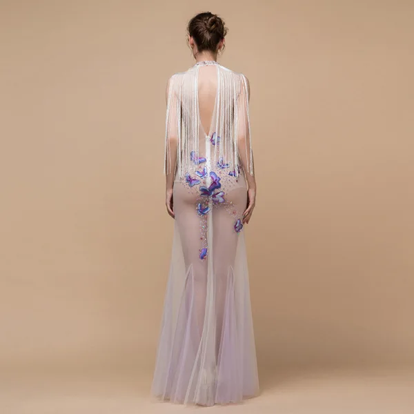 Sexet Ivory Gennemsigtig Selskabskjoler 2018 Havfrue Høj Hals Ærmeløs Sommerfugl Applikationsbroderi Med Blonder Beading Tassel Lange Flæse Halterneck Kjoler