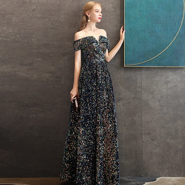 Glitzernden Multifarben Pailletten Königliches Blau Abendkleider 2020 A Linie Off Shoulder Kurze Ärmel Lange Rückenfreies Festliche Kleider