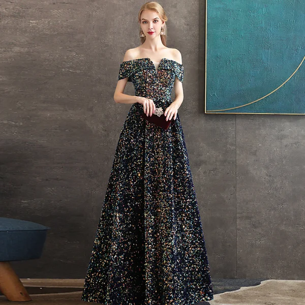 Glitzernden Multifarben Pailletten Königliches Blau Abendkleider 2020 A Linie Off Shoulder Kurze Ärmel Lange Rückenfreies Festliche Kleider