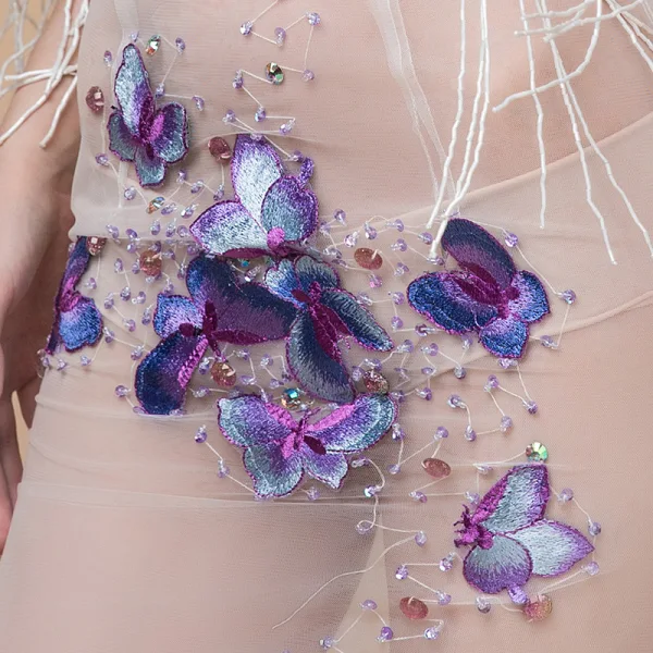 Sexet Ivory Gennemsigtig Selskabskjoler 2018 Havfrue Høj Hals Ærmeløs Sommerfugl Applikationsbroderi Med Blonder Beading Tassel Lange Flæse Halterneck Kjoler